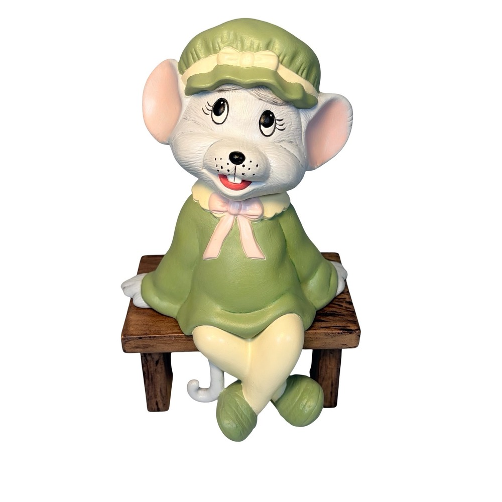 Vintage Mouse Figurine Sitting on Bench‎ Green Dress Ceramic Retro Decor EUC